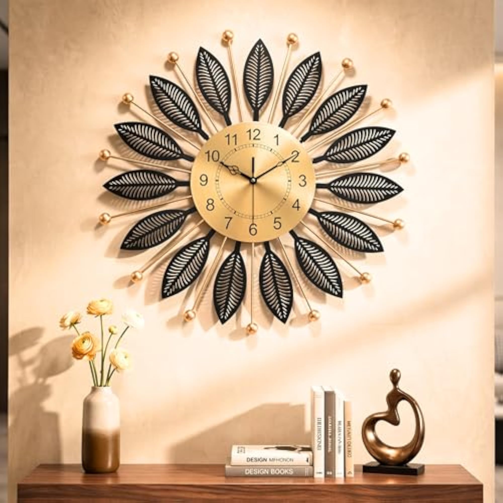 Luxury Metal Wall Clock with Black Leaf Design